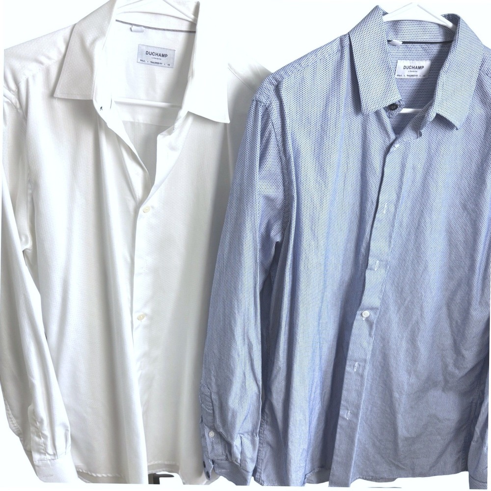 Lot of 2 Duchamp London Tailored Fit Dress Shirts Mens 16.5 42 White Blue Print